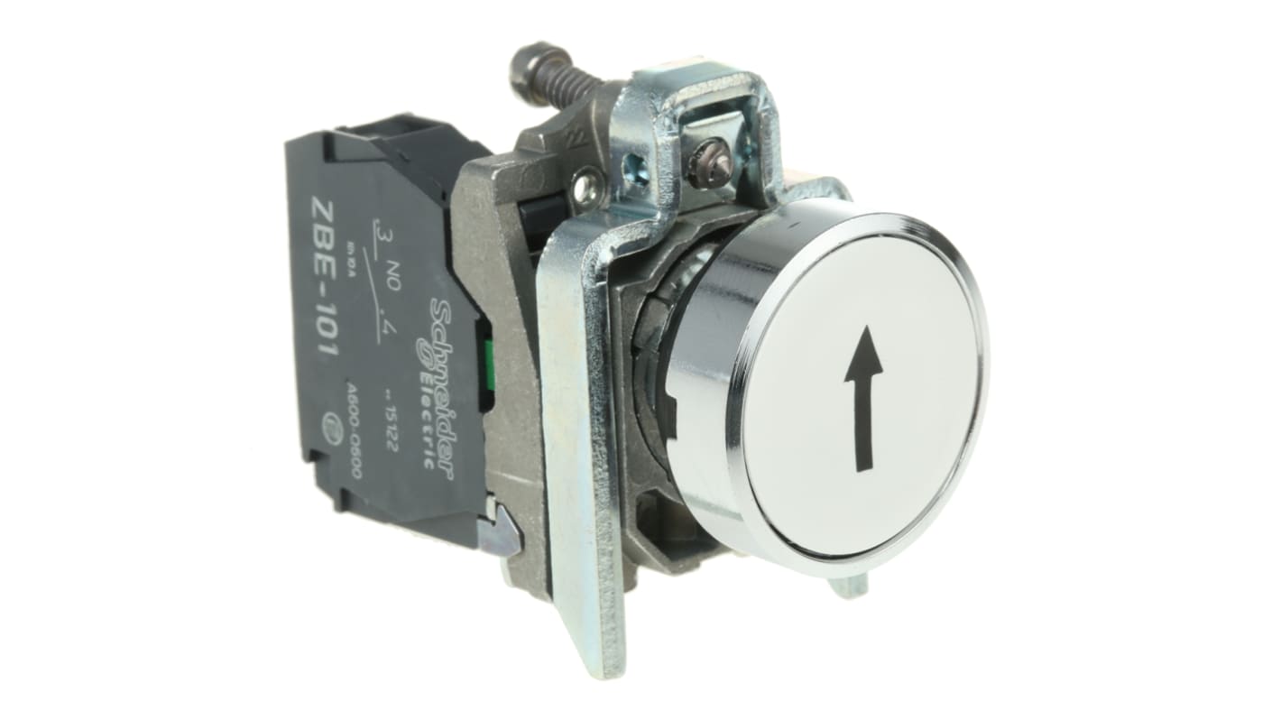Pulsante SPST bianco Schneider Electric XB4BA3341, montaggio a pannello, diametro 22 mm, grado di protezione IP66/IP69K.