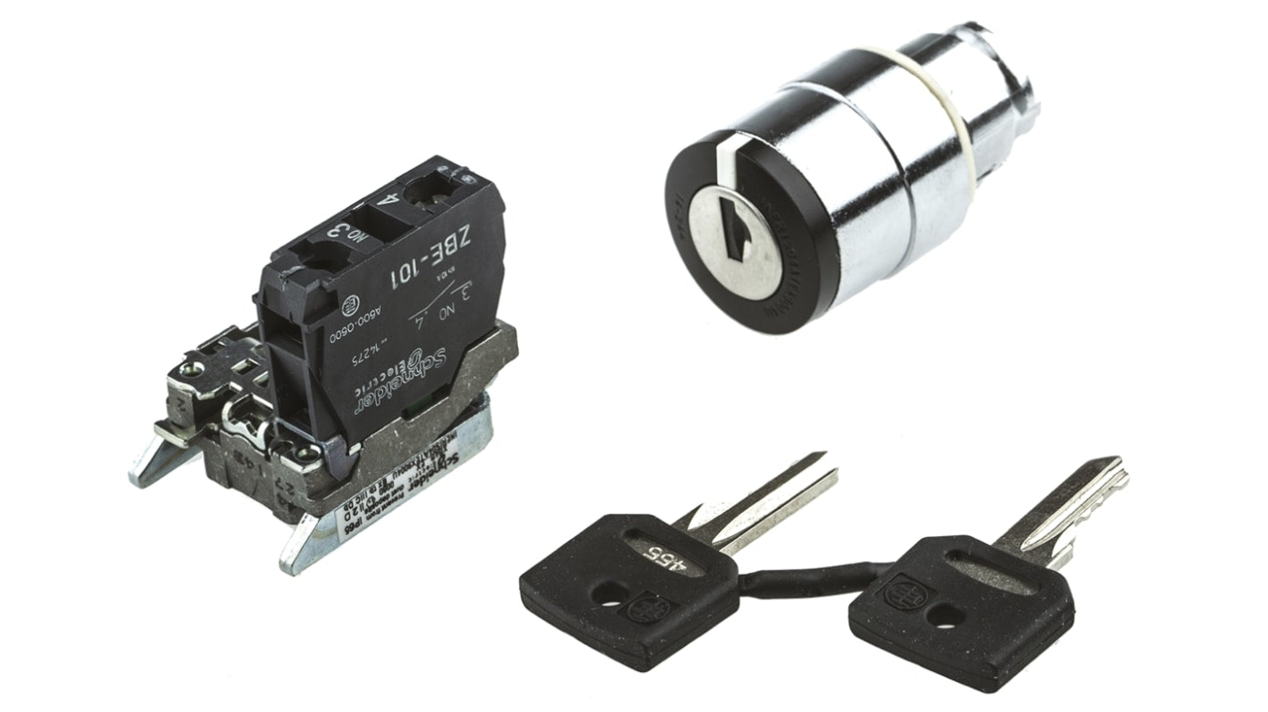 Interruttore a chiave a 2 posizioni Schneider Electric XB4BG21EX, IP65, montaggio a vite, diametro 22 mm, tensione 600V.