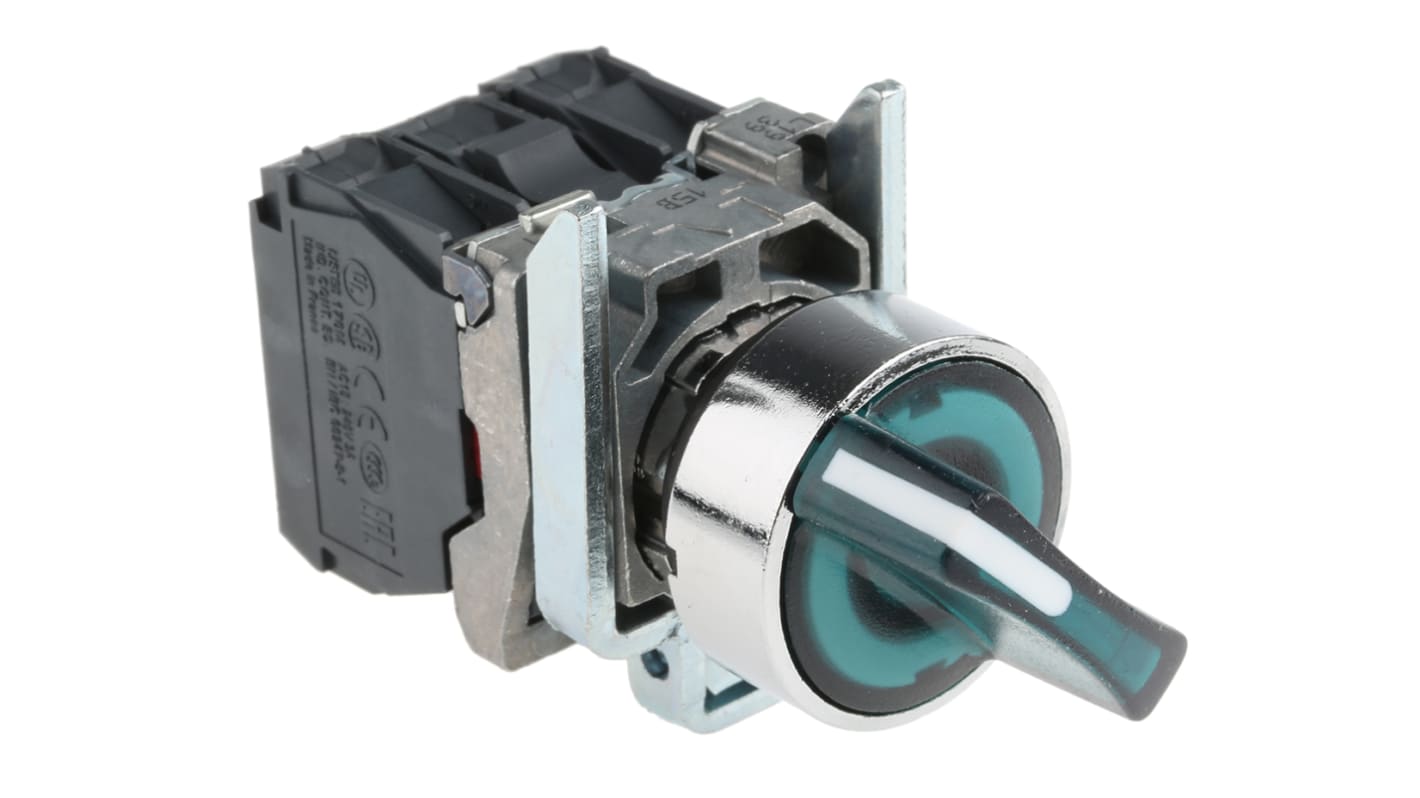 Selettore a 2 posizioni Schneider Electric XB4BK123B5, attuatore verde, montaggio 22 mm, 600 V, durata 100.000 ore.
