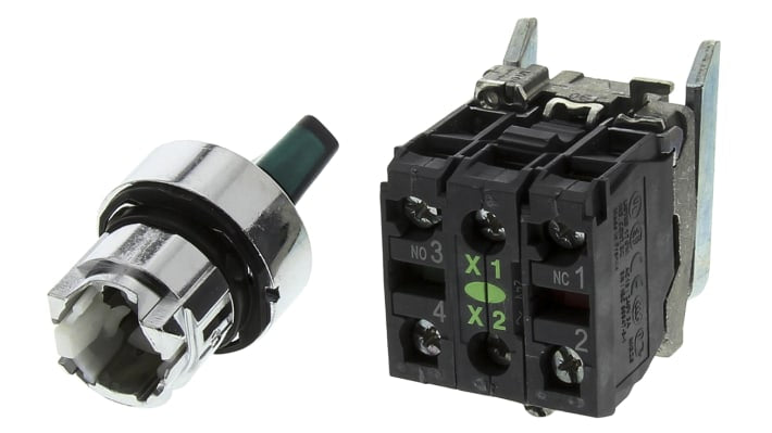 Selettore a 2 posizioni Schneider Electric XB4BK123B5, attuatore verde, montaggio 22 mm, 600 V, durata 100.000 ore.