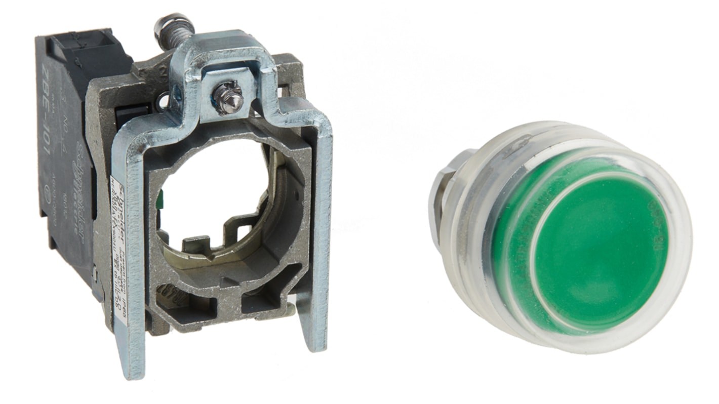 Pulsante SPST Schneider Electric XB4BP31EX, montaggio a pannello, verde, diametro 22 mm, grado di protezione IP66/IP67.
