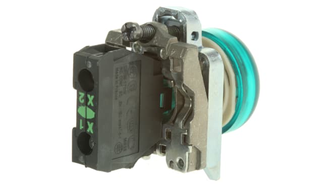 Spia LED Schneider Electric, montaggio a pannello 22 mm, colore verde, IP65, 24V, certificata ATEX per aree pericolose.