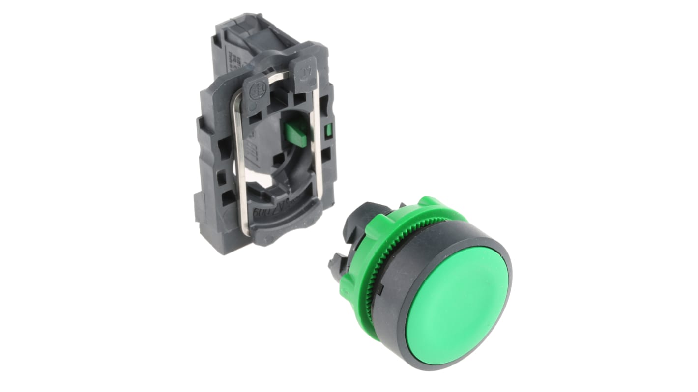 Pulsante SPST verde Schneider Electric XB5AA31 per montaggio a pannello, diametro 22 mm, grado di protezione IP66/IP67/IP69K.