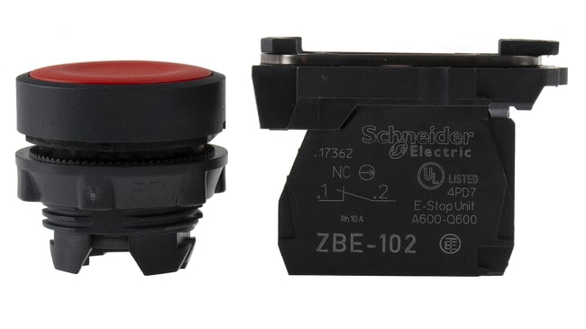 Pulsante SPST rosso Schneider Electric XB5AA42, montaggio a pannello, diametro foratura 22 mm, grado di protezione IP66/IP67/IP69K.