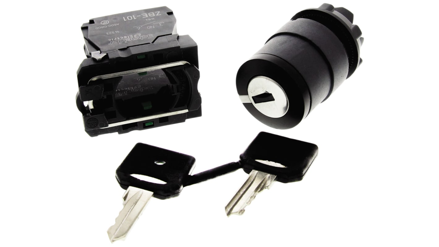 Selettore a chiave Schneider Electric XB5AG03, 3 posizioni, diametro foro 22 mm, protezione IP66, corpo in plastica nera.