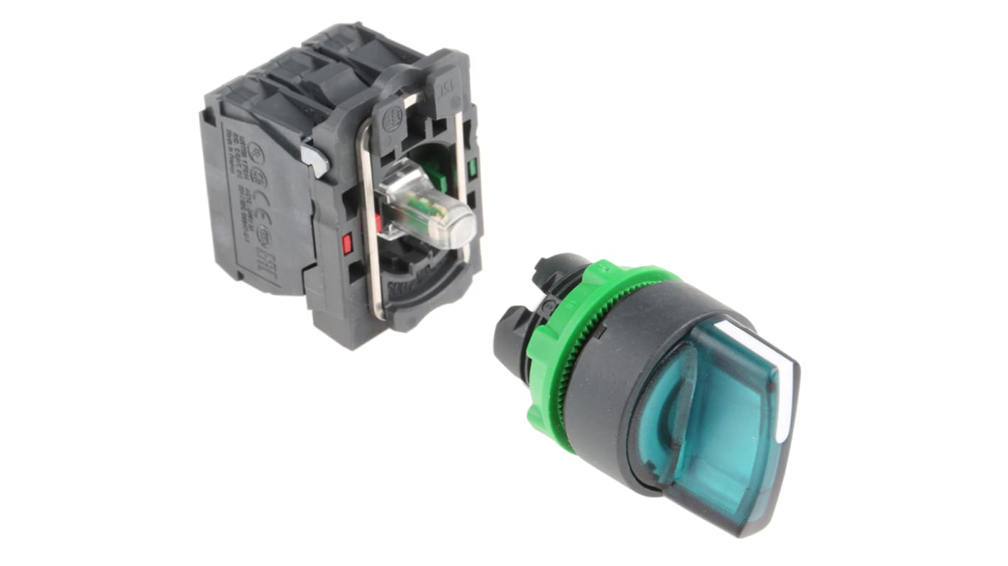 Selettore rotante a 2 posizioni Schneider Electric XB5AK123B5, manopola verde con LED, montaggio a vite, diametro foro 22mm.