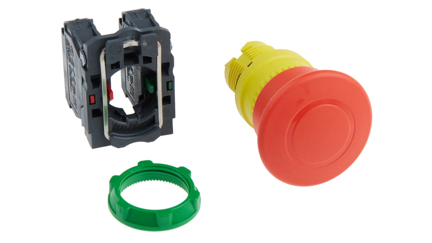 Pulsante di arresto di emergenza Schneider Electric, testa a fungo rossa, montaggio a pannello, IP66/IP67/IP69K. Dimensioni 40 x 43 x 82 mm.