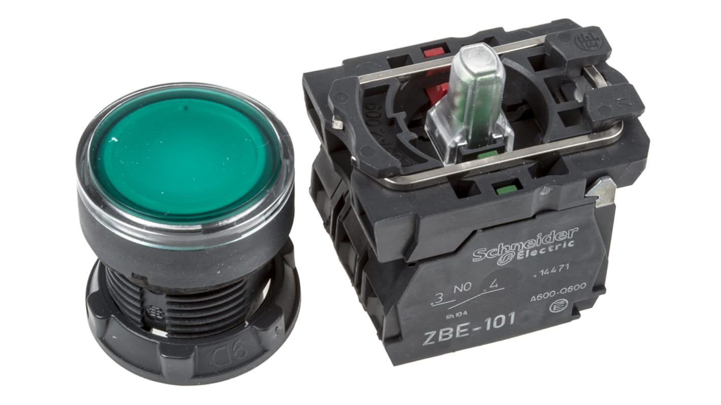Pulsante illuminato verde Schneider Electric XB5AW33B5, montaggio a pannello, contatto SPDT, protezione IP66/IP67/IP69K.