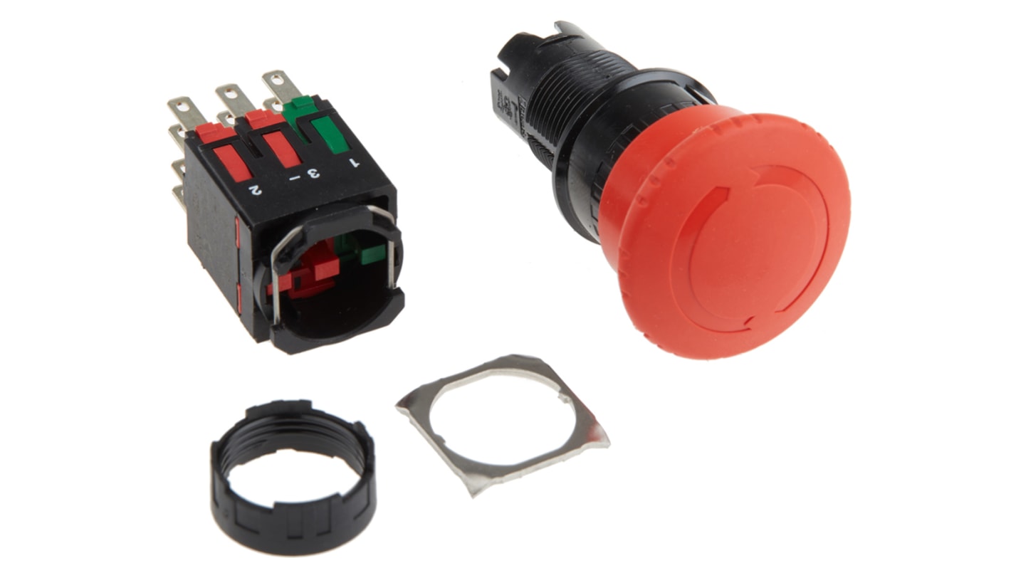 Pulsante di arresto di emergenza Harmony Schneider Electric XB6AS8349B, Ø 16mm, IP65. Montaggio a pannello, configurazione 2NO + 2NC per sicurezza industriale.