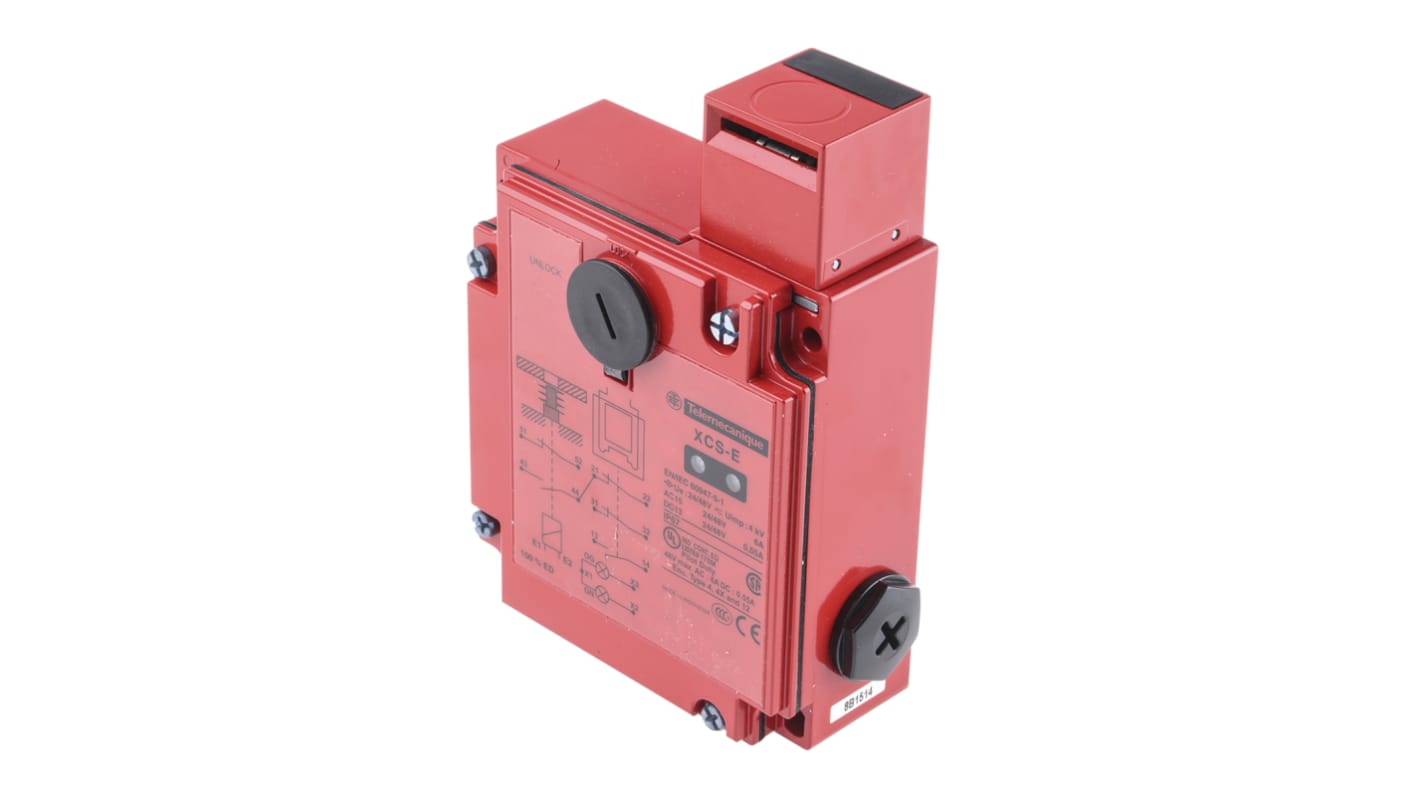 Interruttore di sicurezza con interblocco a solenoide Telemecanique Sensors XCSE7511, 24V ca/cc, IP67. Protezione avanzata per macchinari industriali.