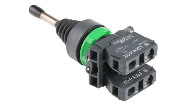 Interruttore joystick Schneider Electric XD5PA22, con ritorno a molla, tenuta IP66, 2 assi, contatto SPST, 600V, -25 a +70 °C.