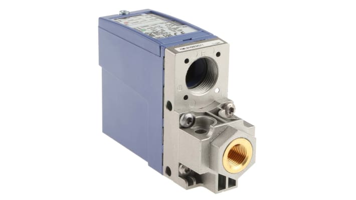 Sensore di pressione differenziale Telemecanique Sensors XMLB160D2S11, 10-160 bar, uscita relè, IP66, dimensioni 113x75x35 mm.