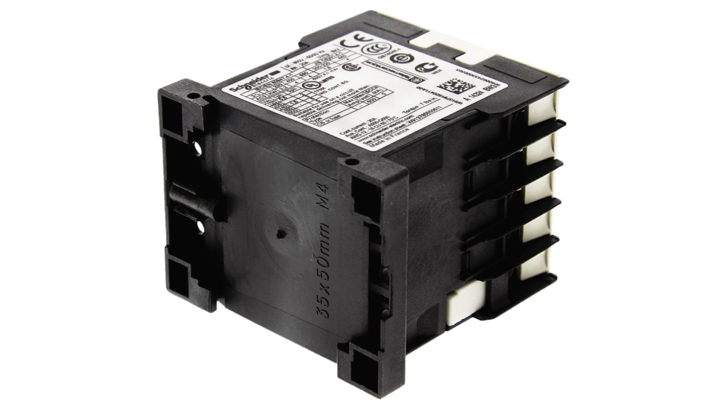 Contattore miniaturizzato Schneider Electric LP4K09004BW3, 4 poli, 20 A, montaggio su guida DIN, dimensioni 45x58x57 mm.