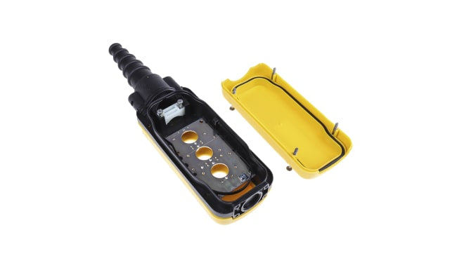 Contenitore pulsantiera Schneider Electric XACA03, giallo, IP65, 3 fori Ø22mm, dimensioni 314x80x70mm, resistenza IK08.