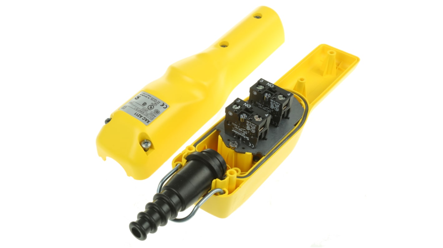 Stazione pensile a pulsante SPST Schneider Electric XACA211, con due pulsanti, protezione IP65, colore giallo, temperatura operativa -25/+70°C.