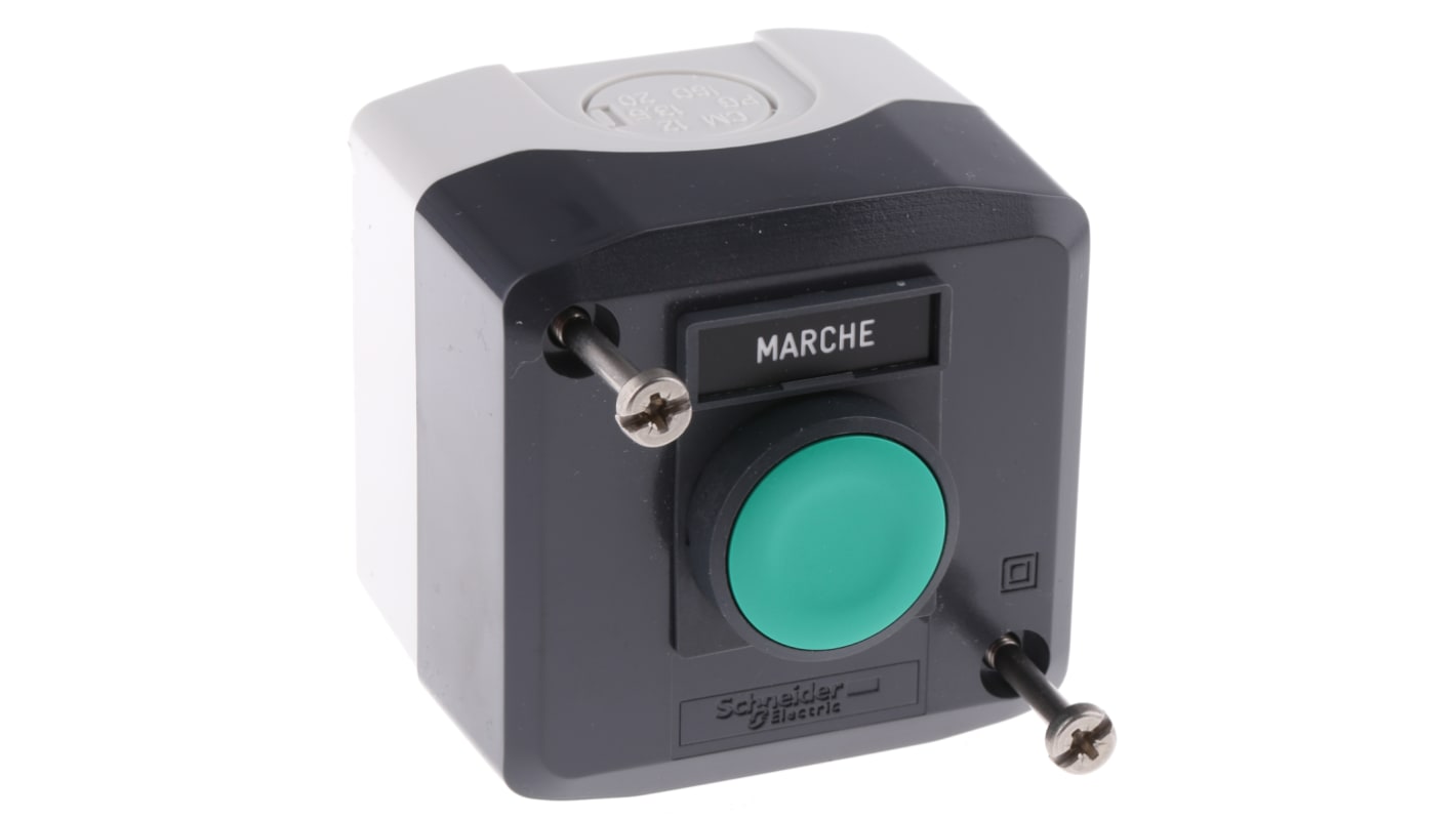 Schneider Electric XALD101, scatola pulsante IP66/IP67/IP69K, attuazione a pulsante, dimensioni 68x68x53 mm, contenitore in policarbonato grigio.