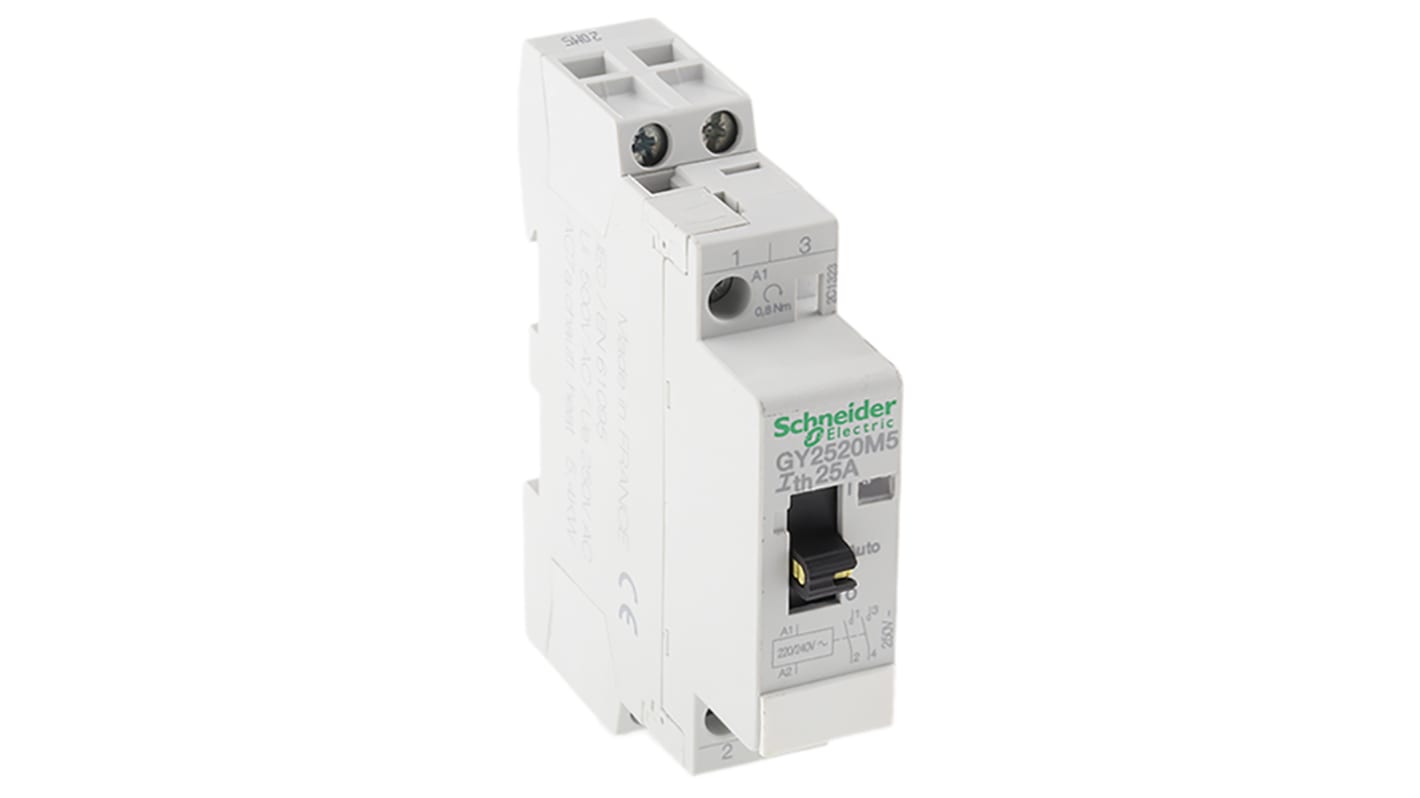 Contattore Schneider Electric GY2520M5, 2 poli, 25 A, 230 V c.a., 1 contatto ausiliario, dimensioni 17.5x81x65 mm.
