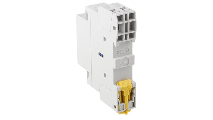 Contattore Schneider Electric GY2520M5, 2 poli, 25 A, 230 V c.a., 1 contatto ausiliario, dimensioni 17.5x81x65 mm.