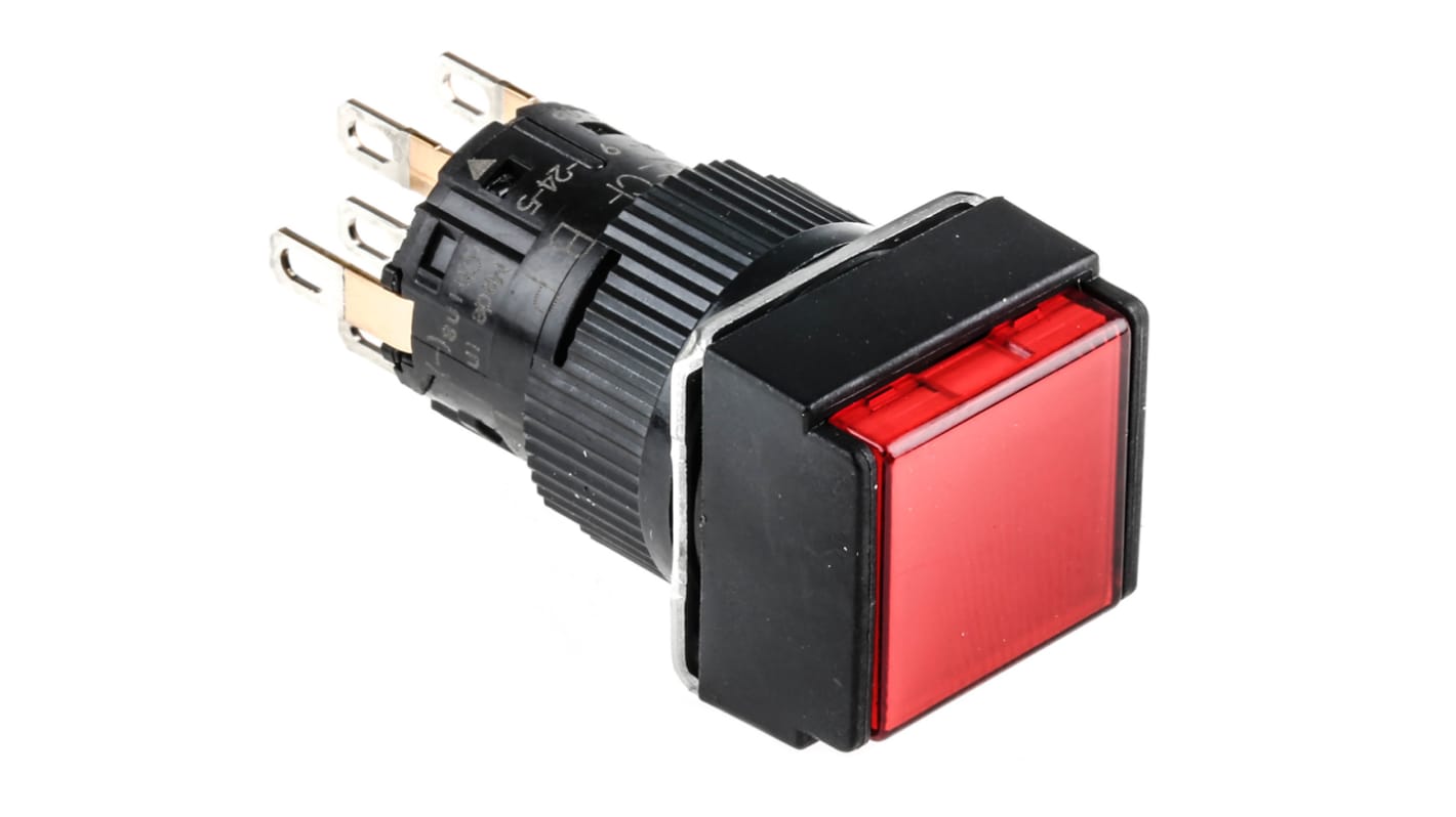 Pulsante DPDT illuminato Schneider Electric XB6ECF4B2P, montaggio a pannello, protezione IP65, testa quadrata rossa, diametro foratura 16 mm.