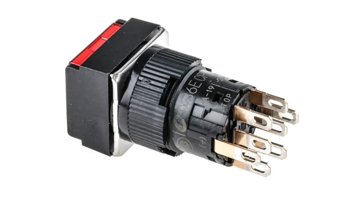 Pulsante DPDT illuminato Schneider Electric XB6ECF4B2P, montaggio a pannello, protezione IP65, testa quadrata rossa, diametro foratura 16 mm.