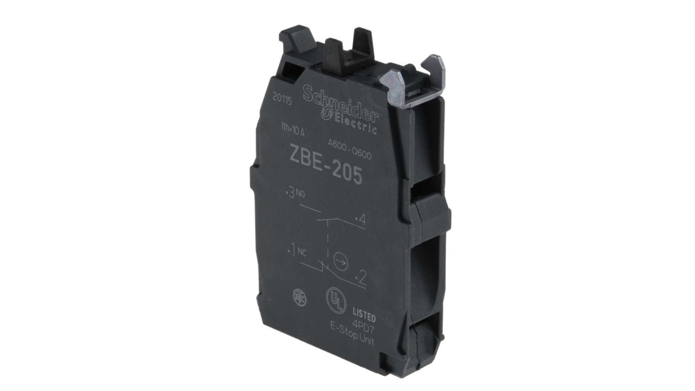 Blocco contatti Schneider Electric ZBE205, 1 NA + 1 NC, Terminali a Vite, Serie Harmony XB4/5 - Green Premium, resistente a vibrazioni e urti, ideale per applicazioni di pulsanti.
