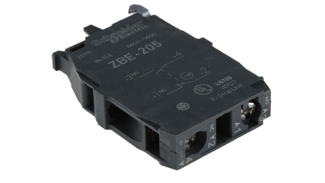Blocco contatti Schneider Electric ZBE205, 1 NA + 1 NC, Terminali a Vite, Serie Harmony XB4/5 - Green Premium, resistente a vibrazioni e urti, ideale per applicazioni di pulsanti.
