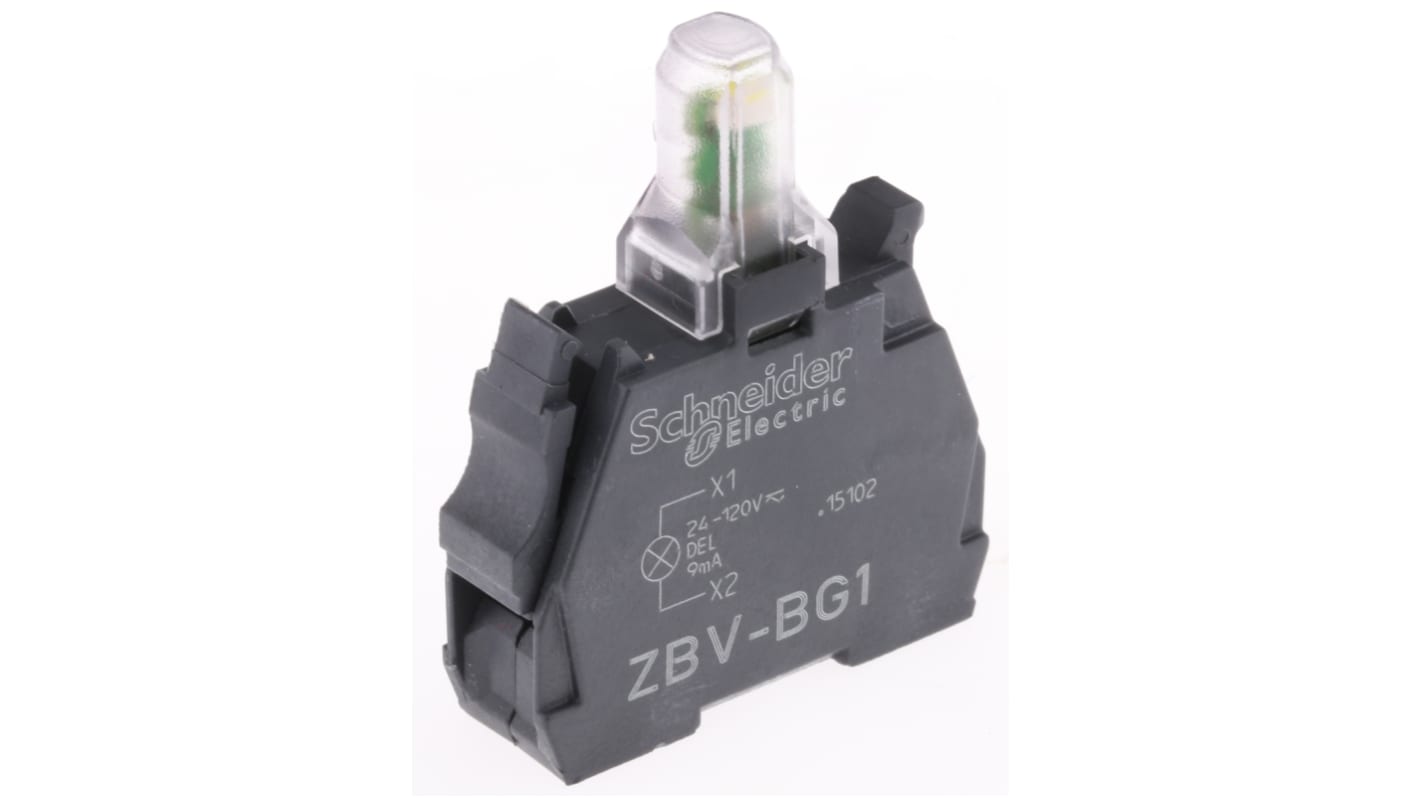 Blocco luminoso LED universale Schneider Electric ZBVBG1, 24-120V, terminali a vite, bianco. Ideale per pannelli di controllo e macchinari industriali.