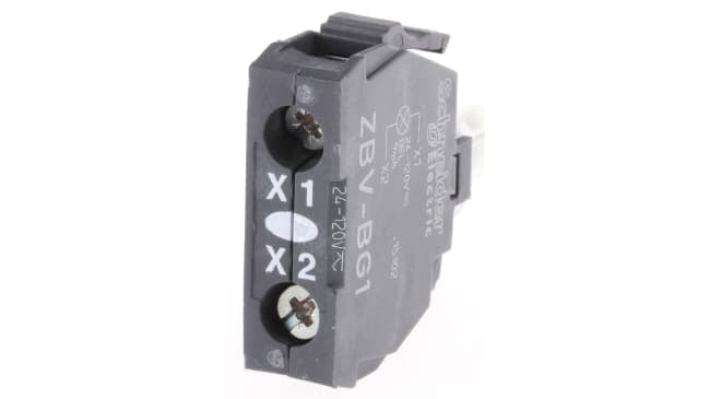 Blocco luminoso LED universale Schneider Electric ZBVBG1, 24-120V, terminali a vite, bianco. Ideale per pannelli di controllo e macchinari industriali.
