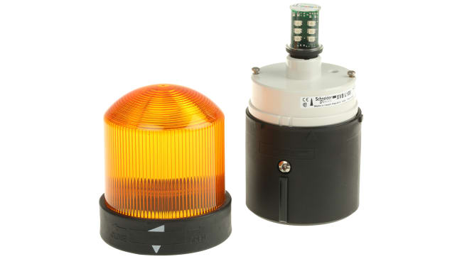 Segnalatore Lampeggiante LED Ambra 24V ca/cc - Schneider Electric XVBL1B5 - IP65, 70mm, montaggio su base. Ideale per segnalazioni potenti a lunga distanza.