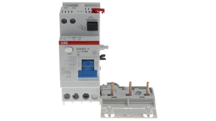 Interruttore RCD ABB 2CSB203101R1250, tipo A, 3 poli, 25 A, montaggio su guida DIN, dimensioni 93 x 87 x 76 mm.