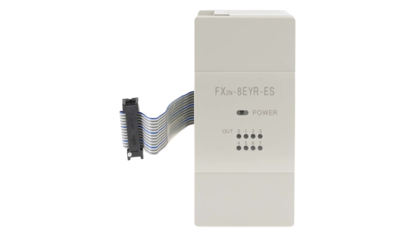 Modulo di espansione Mitsubishi Electric FX2N-8EYR-ES/UL per PLC FX3U, 8 ingressi e 8 uscite, montaggio su guida DIN. Dimensioni 90 x 350 x 87 mm.