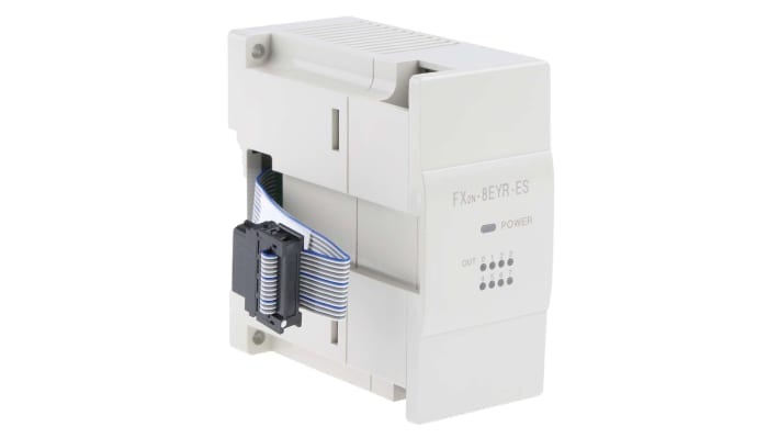 Modulo di espansione Mitsubishi Electric FX2N-8EYR-ES/UL per PLC FX3U, 8 ingressi e 8 uscite, montaggio su guida DIN. Dimensioni 90 x 350 x 87 mm.