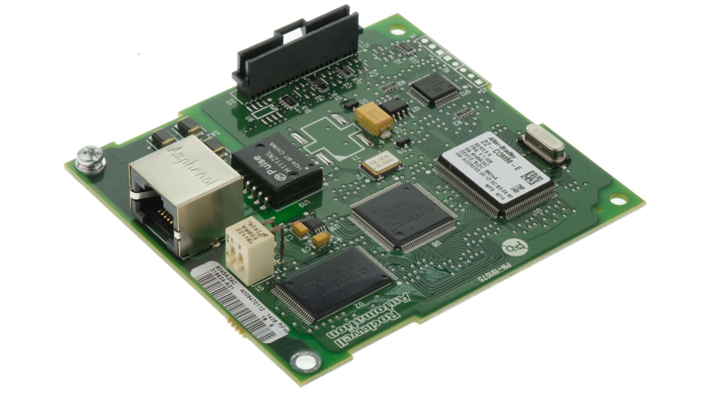 Modulo di comunicazione Ethernet Allen Bradley 22-COMM-E, dimensioni 86 x 78,5 x 19 mm, supporta EtherNet/IP e DeviceNet.
