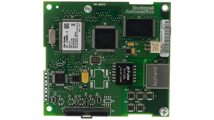 Modulo di comunicazione Ethernet Allen Bradley 22-COMM-E, dimensioni 86 x 78,5 x 19 mm, supporta EtherNet/IP e DeviceNet.