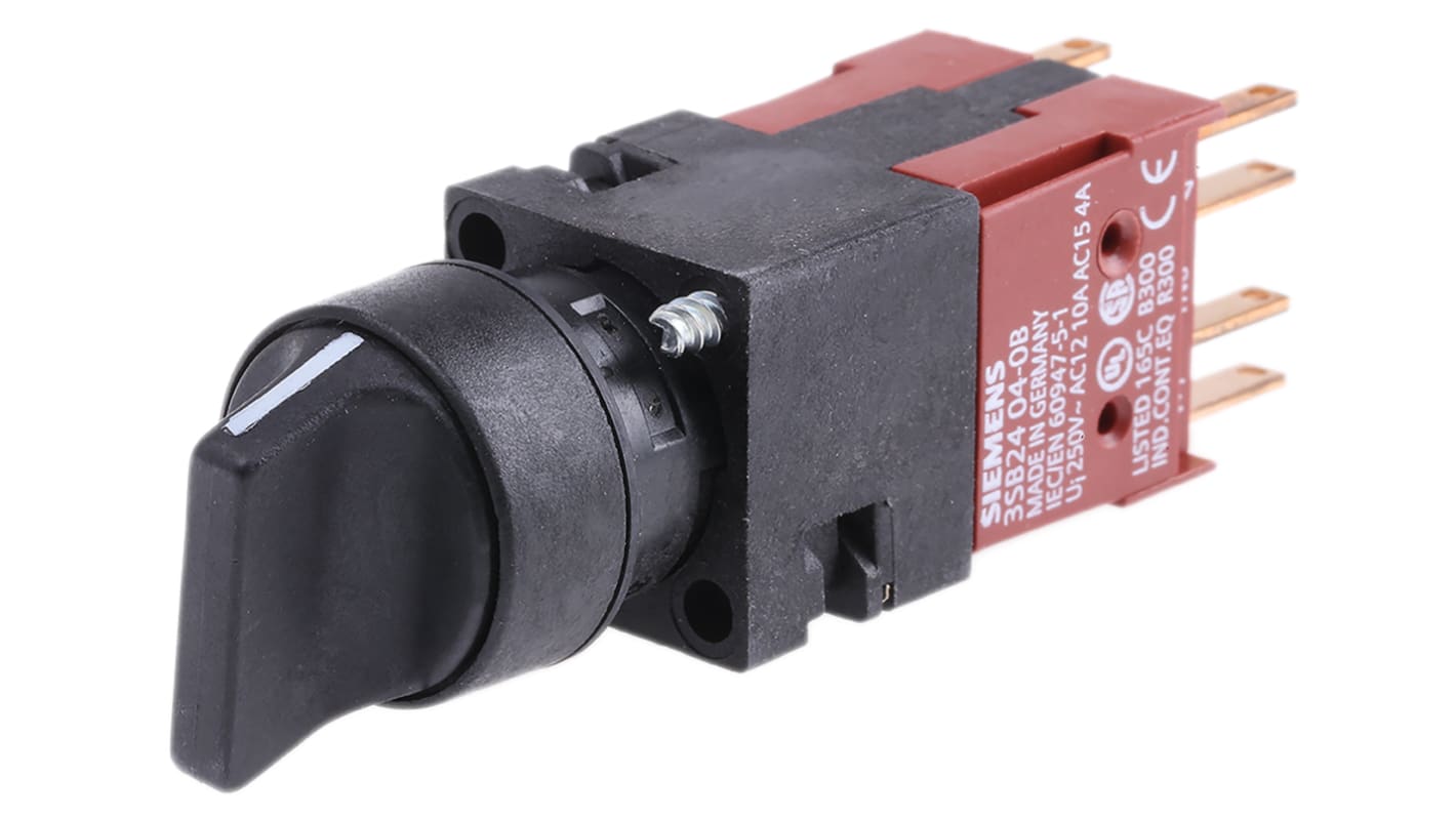 Interruttore rotativo Siemens 3SB2210-2DB01, 3 posizioni, montaggio frontale, corrente 10A, connessione a linguetta.