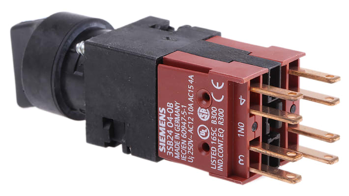 Interruttore rotativo Siemens 3SB2210-2DB01, 3 posizioni, montaggio frontale, corrente 10A, connessione a linguetta.