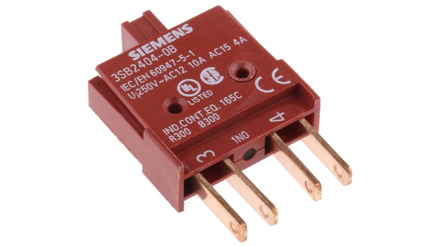 Blocco contatti modulare Siemens 3SB2404-0B, 1 contatto NA, tensione 24 V, connettore maschio, dimensioni 50 mm.