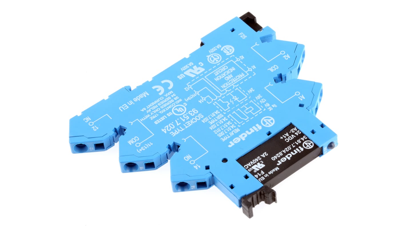 Finder 38.91.7.024.8240, relè d'interfaccia per guida DIN, bobina 24V cc, contatti SPST, dimensioni 93x6,2x75,6 mm.