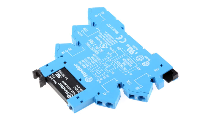 Finder 38.91.7.024.8240, relè d'interfaccia per guida DIN, bobina 24V cc, contatti SPST, dimensioni 93x6,2x75,6 mm.