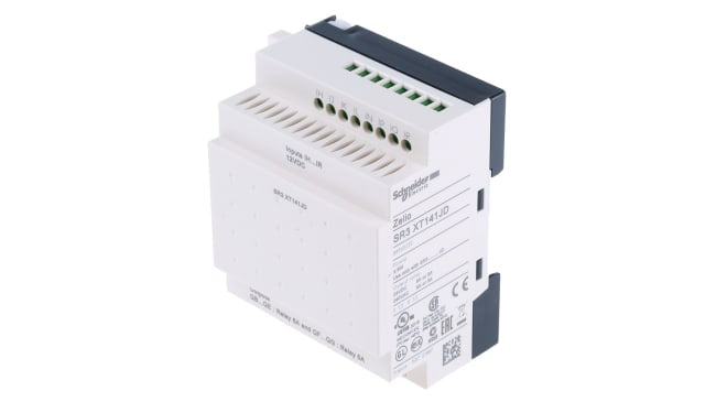 Modulo I/O Schneider Electric SR3XT141JD per guida DIN, 8 ingressi discreti, 6 uscite relè, dimensioni 107,6 x 72 x 59,5 mm.