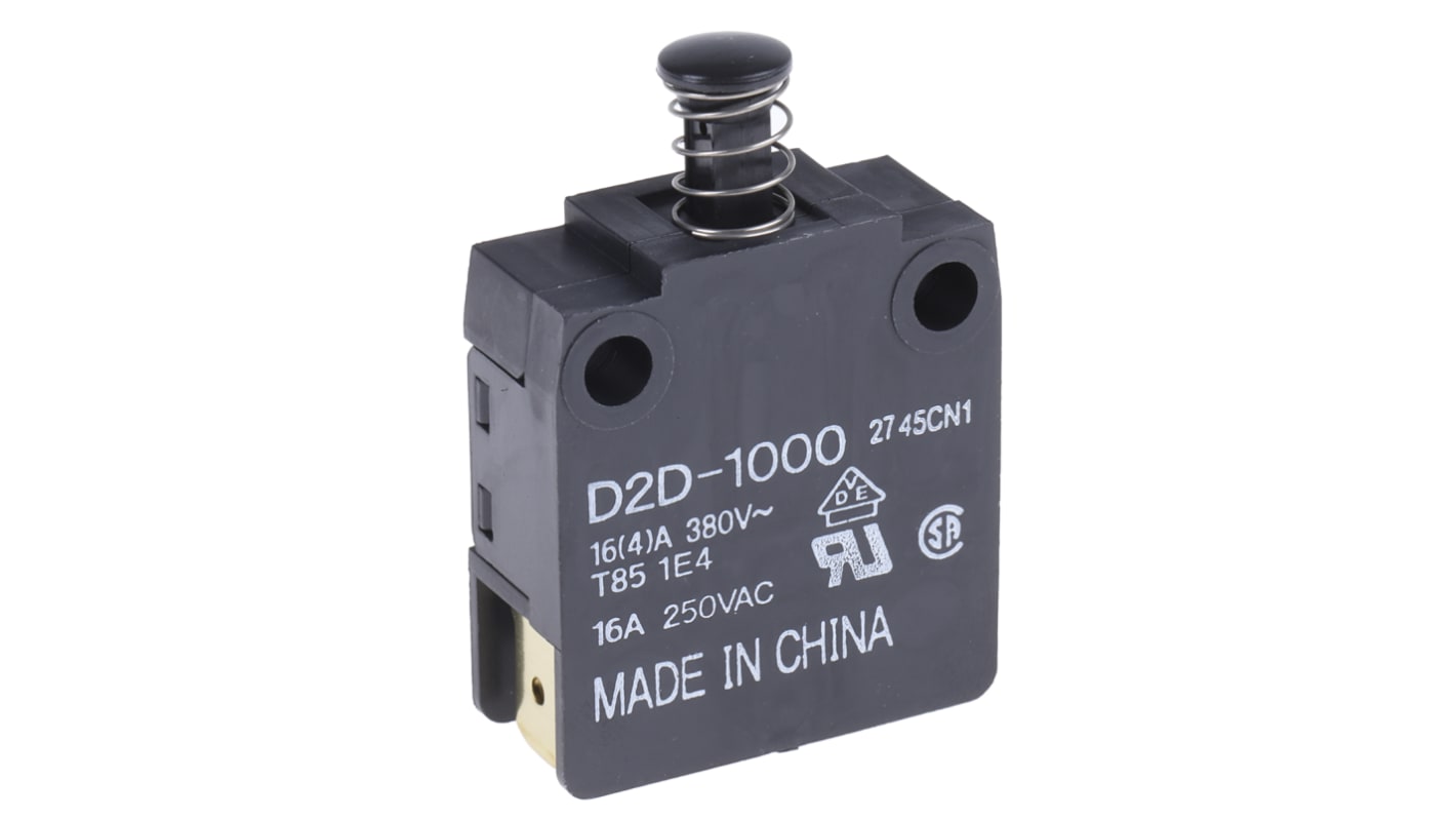 Microinterruttore Omron D2D-1000 SPDT, azionamento 5,88 N, contatti argento, protezione IP40, durata 10 milioni di operazioni.