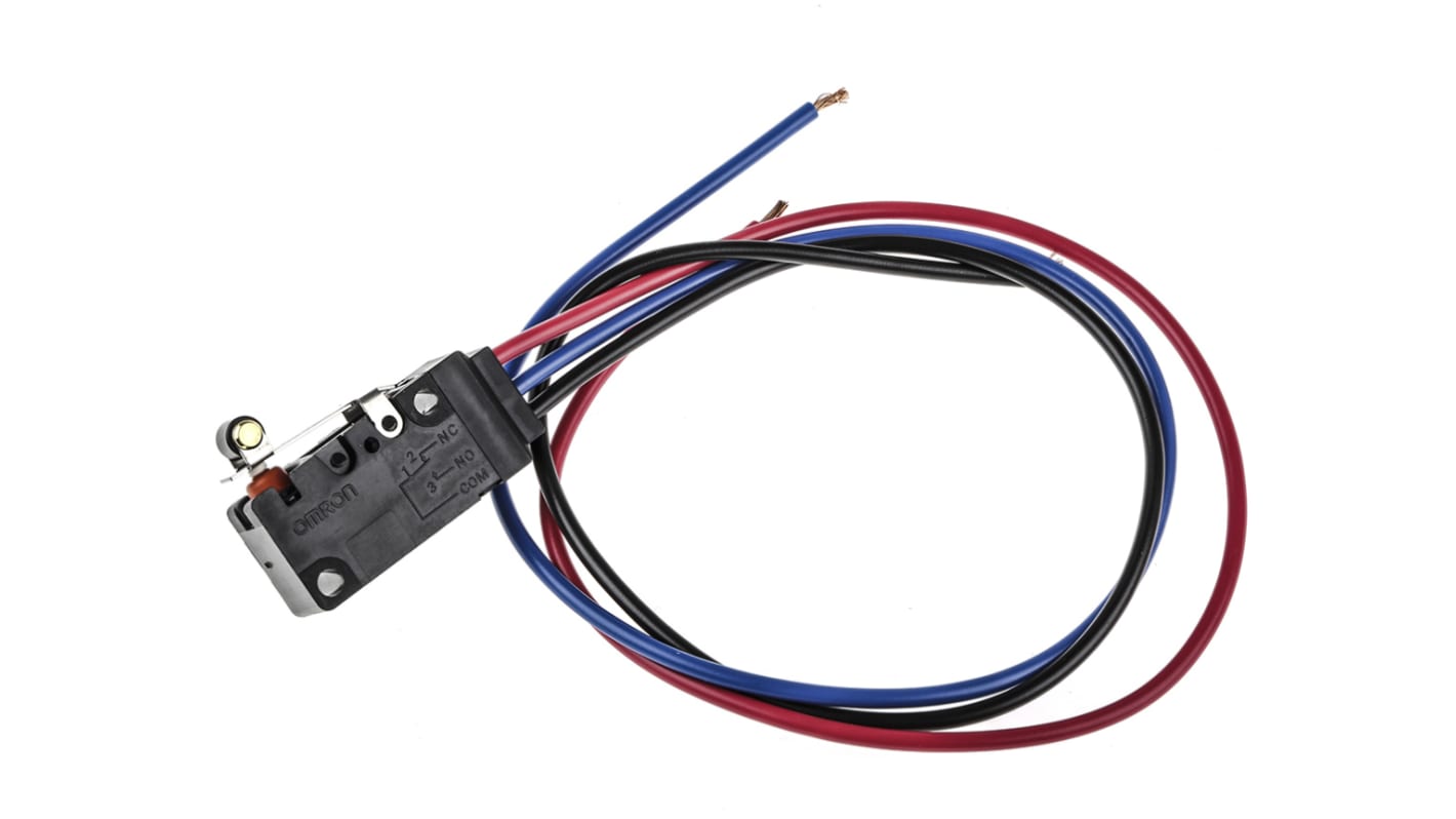 Microinterruttore Omron D2VW-5L2A-1M(D)(CHN) SPDT pre-cablato, attuatore a leva, grado di protezione IP67, corrente 5 A.