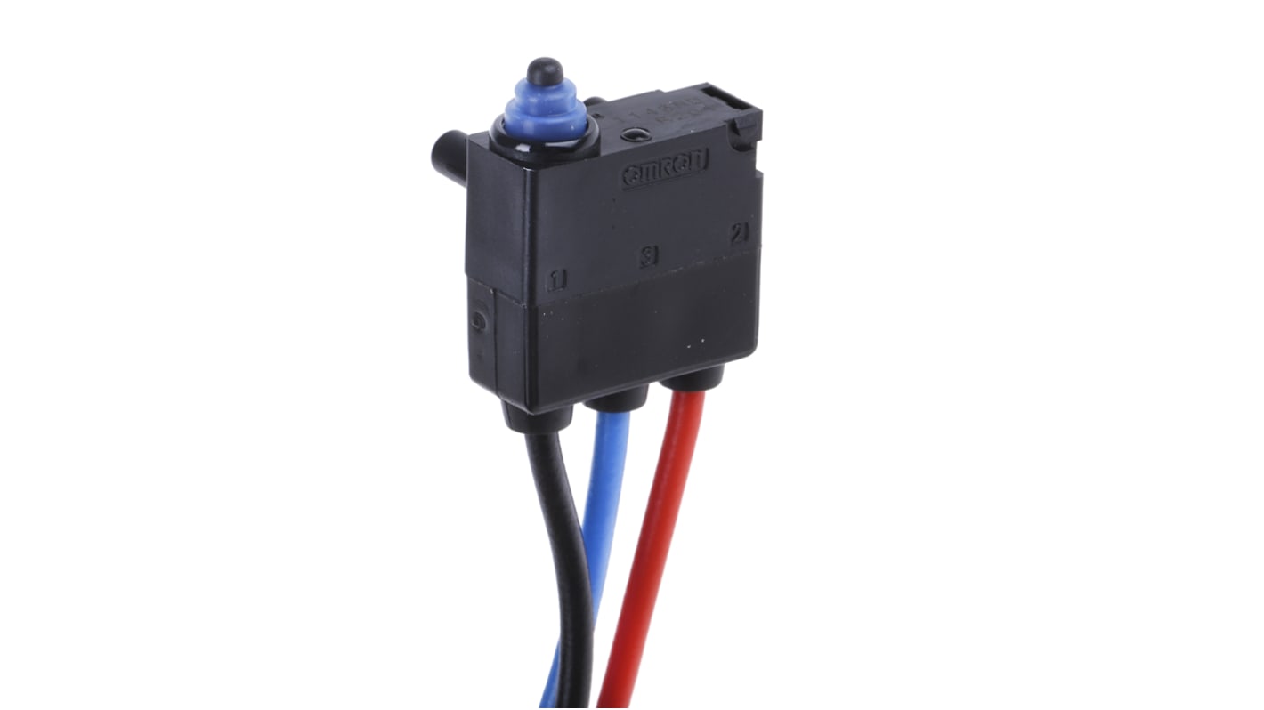 Microinterruttore Omron D2HW-BR201M SPDT pre-cablato, grado di protezione IP67, attuatore a pulsante, dimensioni compatte.
