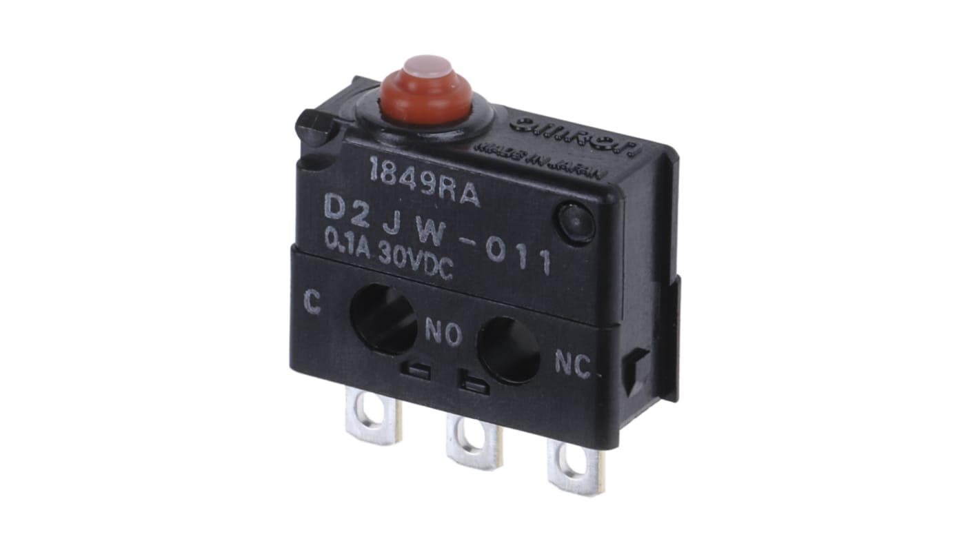 Microinterruttore Omron D2JW-011 SPDT a saldare, grado di protezione IP67, attuatore a pulsante, corrente 100 mA.