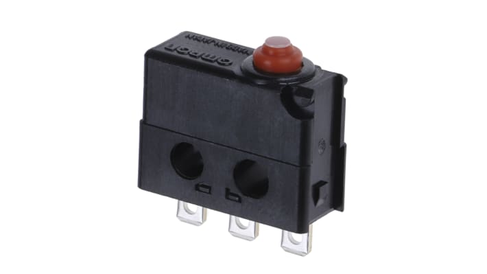 Microinterruttore Omron D2JW-011 SPDT a saldare, grado di protezione IP67, attuatore a pulsante, corrente 100 mA.