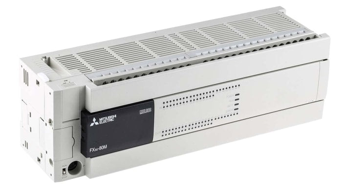 Modulo logico Mitsubishi Electric FX3U-80MT/DSS, 40 ingressi/uscite, montaggio su guida DIN, dimensioni 285 x 90 x 86 mm.