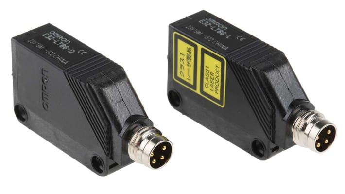 Sensore fotoelettrico Omron E3Z-LT86, rettangolare a fascio diretto, rilevamento fino a 60 m, uscita PNP, connettore M8 a 4 pin.