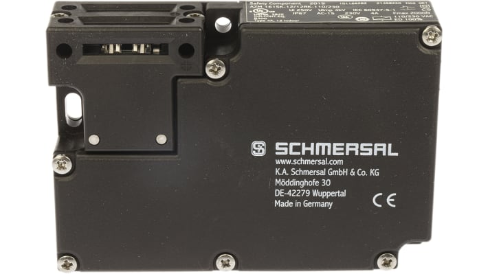 Interruttore di interblocco a solenoide Schmersal AZM 161, 110/230V, IP67, dimensioni 90x30x130mm, forza di tenuta 2000N.