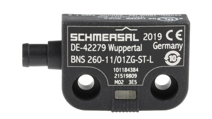 Interruttore di sicurezza senza contatto Schmersal BNS 260-11/01ZG-ST-L, 24V cc, custodia plastica, protezione IP67, dimensioni 52mm x 36mm x 13mm.