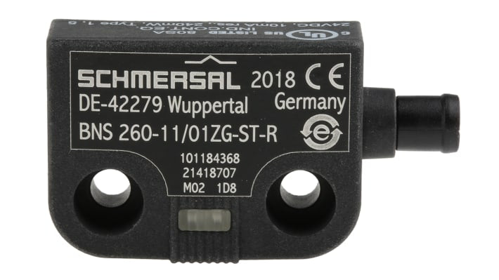 Interruttore di sicurezza Schmersal BNS 260-11/01ZG-ST-R, senza contatto, 24V cc, custodia IP67, dimensioni 52mm x 36mm x 13mm.